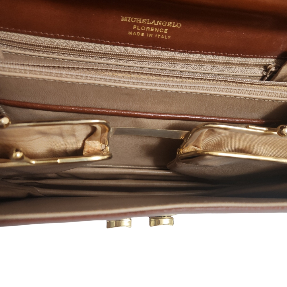💐VTG 1950s Michelangelo Leather Kelly Bag Turn Lock Accordion Florence Italy - Picture 7 of 16